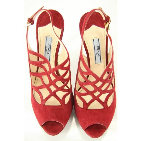Prada Caged Red Suede Strappy Platform Open Toe Sandals - Picture 4 of 11